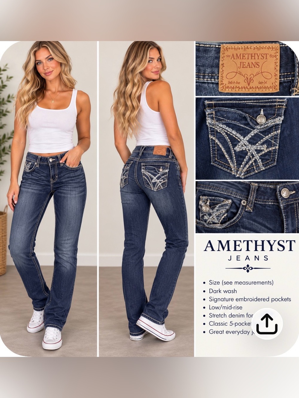Amethyst Jeans Women’s Dark Wash Embroidered Pocket Skinny Jeans Y2K Western